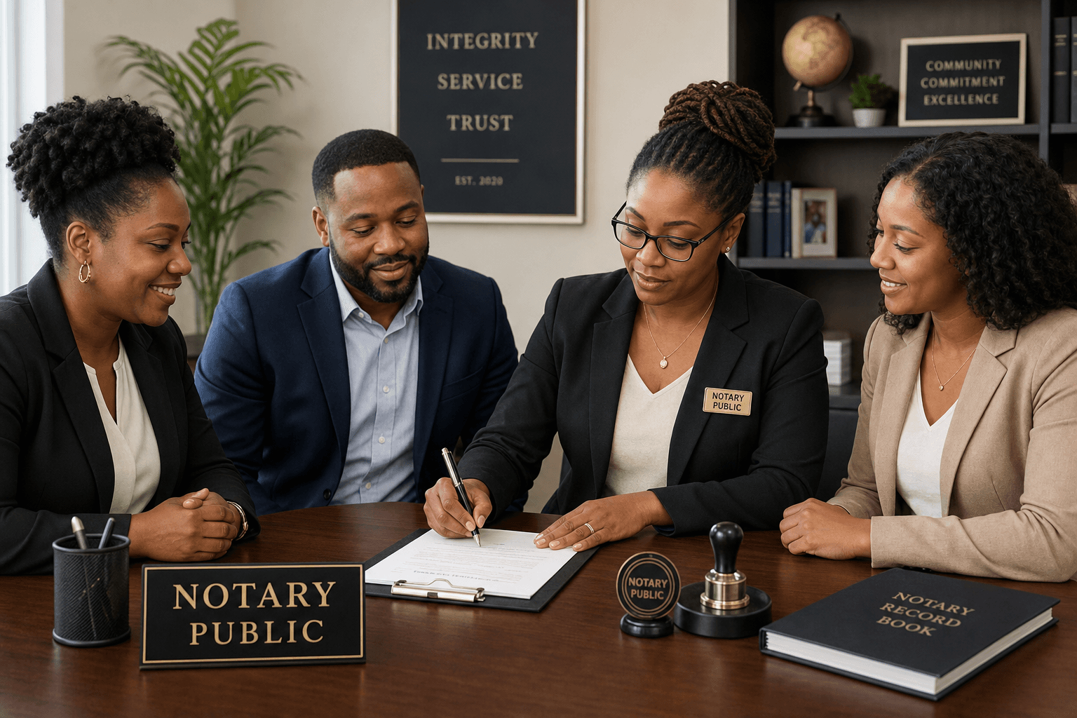Black individuals engaged in a professional notary signing session.