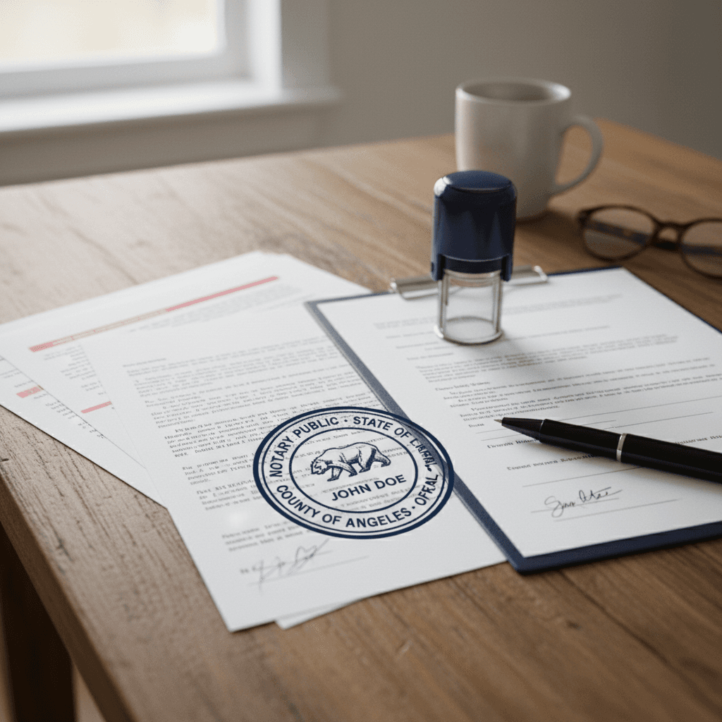 Notary stamp and documents on a wooden table with a pen