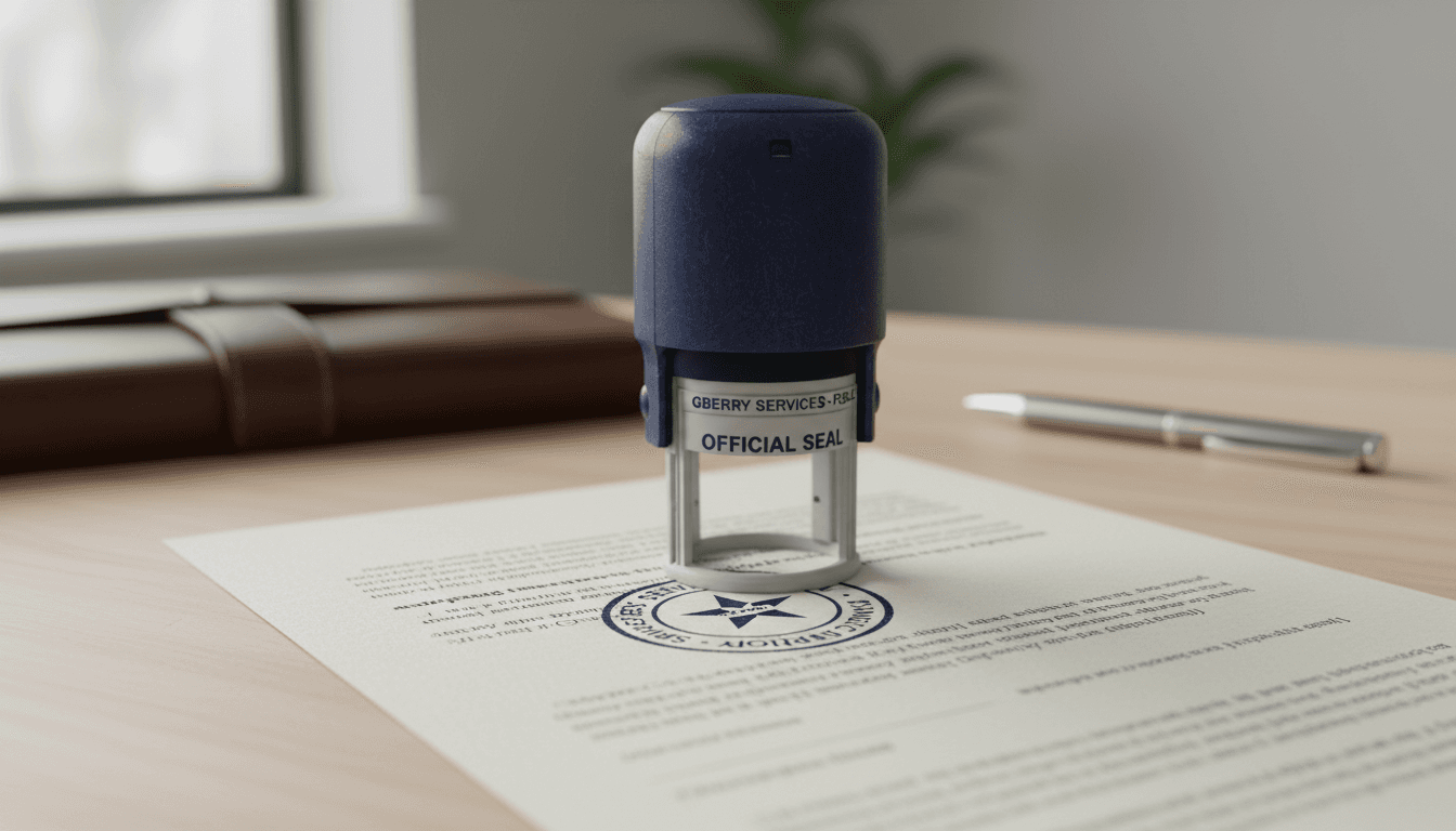 Close-up of a notary stamp pressing on a document, impression visible
