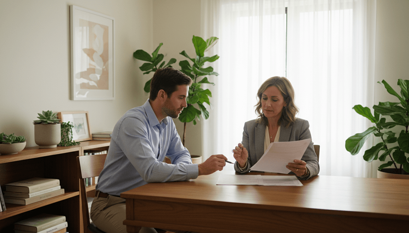 Mobile notary with stamp and paperwork inside a vehicle, ready to serve clients