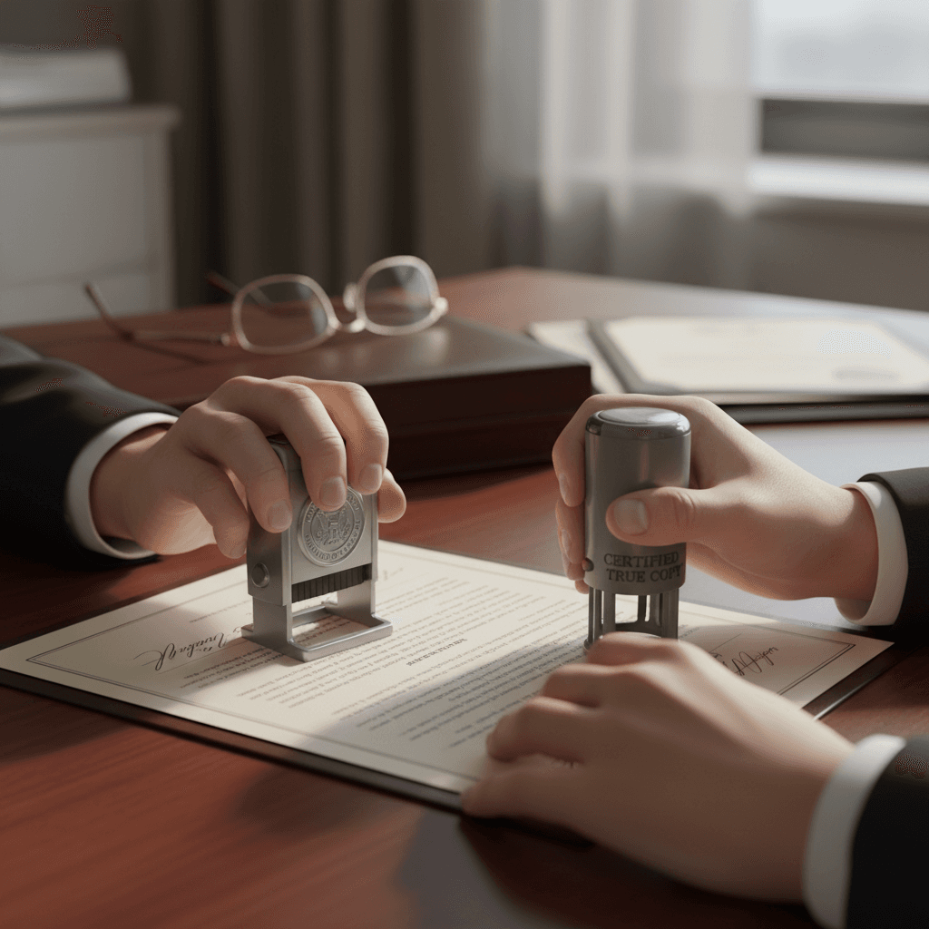 Notary stamp and paperwork on a desk