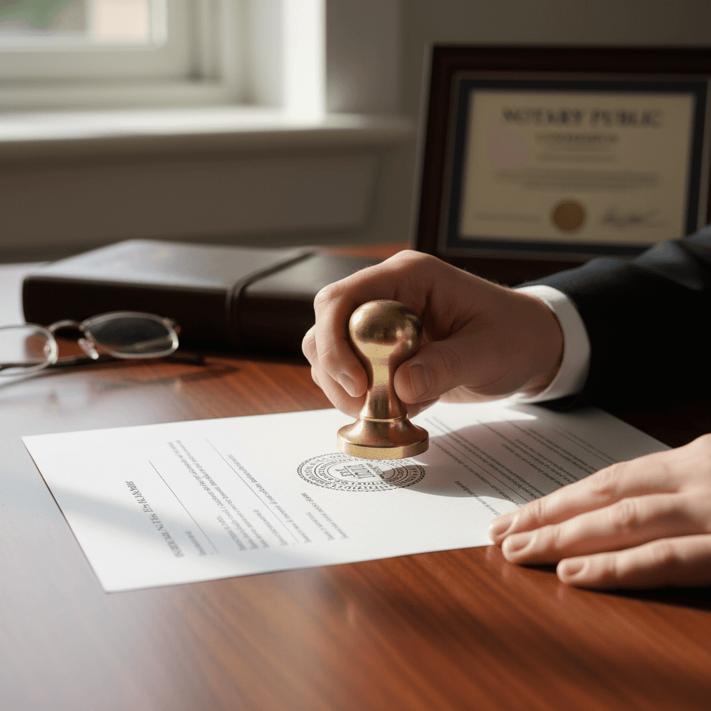 Notary stamp on a document with a pen beside it on a desk
