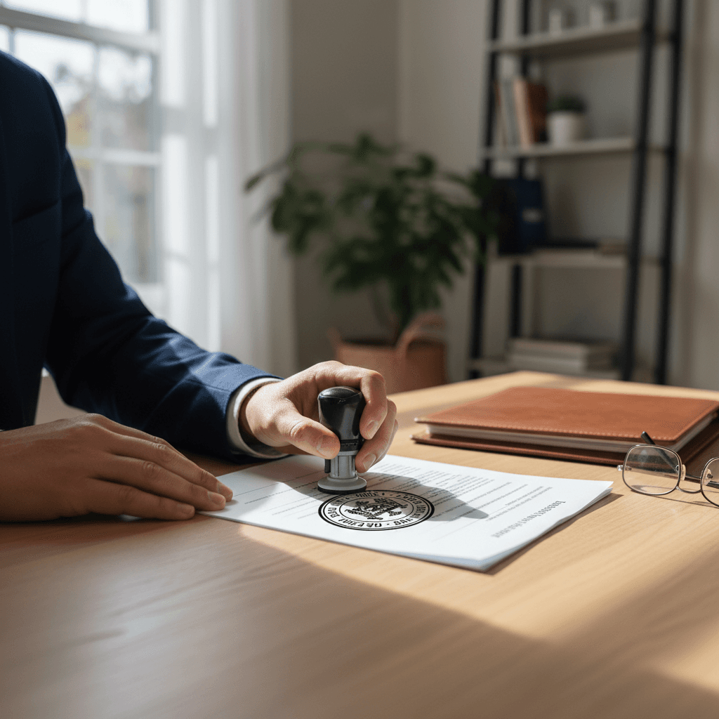 Notary stamp hovering over a document on a table, ready to seal the deal