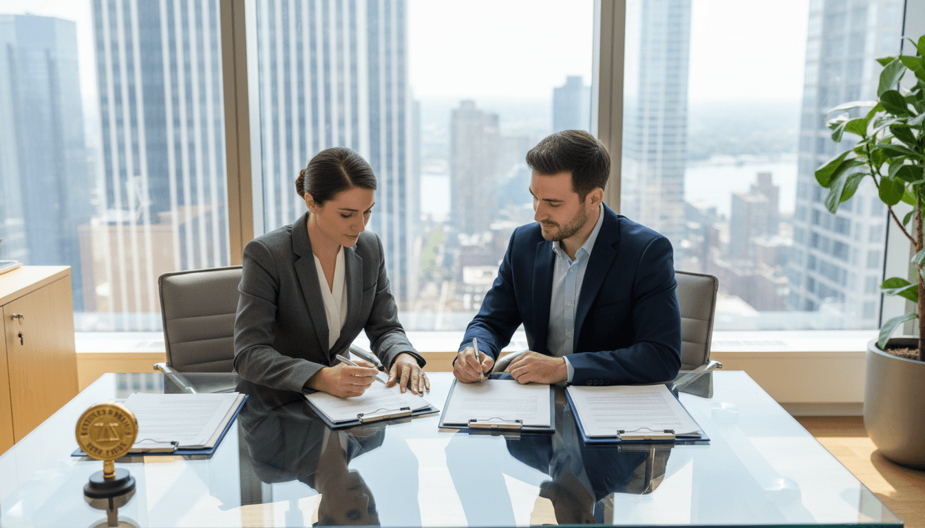 Notary and client signing documents together at a table