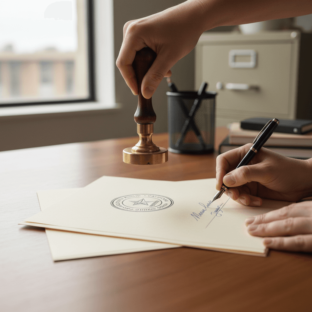 Professional notary stamping a document on a desk with warm lighting