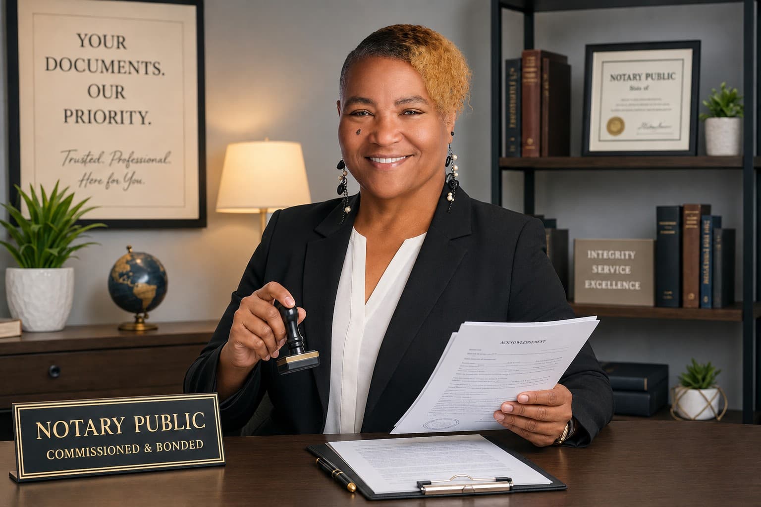 Smiling Black woman notary public holding a stamp and document at her office desk.